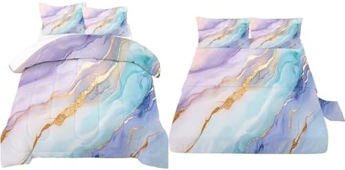 Watercolor Marble Bedding Set with Sheet Set Queen Size 7 Pieces Pastel Colorful Marble Comforter Set Purple Pink Blue Teal Fitted Sheet Set