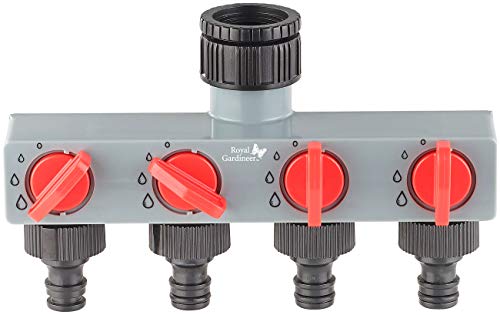 Royal Gardineer Automatische Wasseruhr: Elektronisch gesteuertes Magnet-Ventil im 2er-Set mit 4-Wege-Verteiler (Gartenschlauch Ventil elektrisch, Magnetventil Gartenschlauch, Timer)