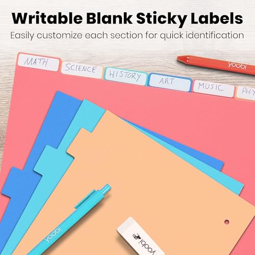 Yoobi 8 Tab Binder Dividers, 3 Hole Punch Divider Set for 3 Ring Binders, Pack of 4 Multicolor Loose Leaf Dividers, Includes Sticky Labels for Blank Tabs, Office or School Supplies, Binder Organizer
