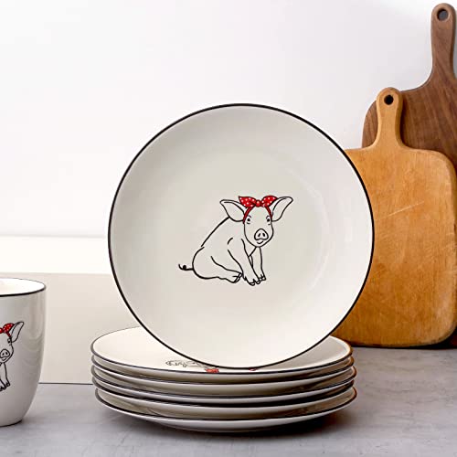 Lehaha Farmhouse Salad/Dessert Plate, Set Of 6, Cute Animal 8.5" Ceramic Plates Set For Salad, Appetizer, Cake, White Porcelain Small Dinner Plate, Kitchen Plates, Assorted Designs #TOP3