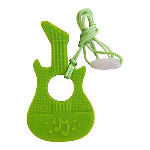 Music Guitar Silicone Teether Soother Teething Sensory Chewy Chewelry BPA Free with Chord and Breakaway Clasp, 7 Colours (Green) Cover