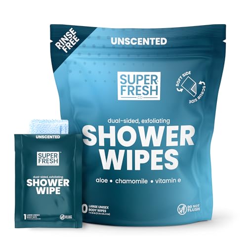 Super Fresh Shower Wipes Large Unscented Body Wipes for No Rinse Bathing Personal Hygiene Gym Travel Camping Enriched with Aloe and Vitamin E 10 Individually Wrapped Disposable Sheets