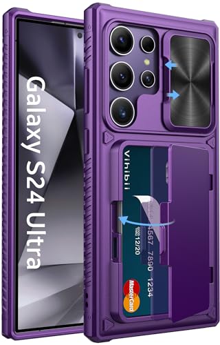 Vihibii für Samsung Galaxy S24 Ultra Hülle mit Kartenfach & Kameraschutz & Ständer Militärschutz Stoßfeste Handyhülle rutschfest Kratzfeste Schutzhülle für Samsung S24 Ultra 6 8 Dunkel Violett