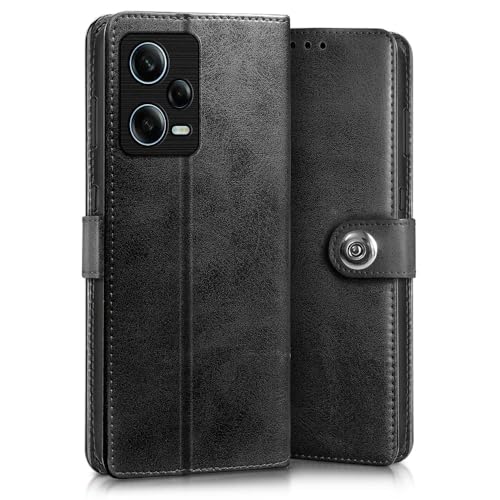 Image of WOW IMAGINE Shock Proof Flip Cover Back Case for Redmi Note 12 Pro 5G (Magnetic Button Flip Case | Wallet Pockets & Stand | Leather Finish | Haze Black)