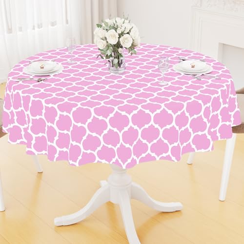 Image of Smiry Round Table Cloth, Flannel Backed Vinyl Tablecloth, 60 inch Round | Waterproof Plastic Tablecloths, Wipeable Table Cover for Dining, Indoor and Outdoor (Pink)