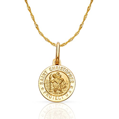 14K Yellow Gold St. Christopher Medal Pendant Necklace Protect Us Charm with 0.9mm Singapore Chain