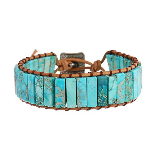 IUNIQUEEN Leather Chakra Handmade Imperial Jasper Wrap Adjustable Bead Bracelet (Turquoise Blue)