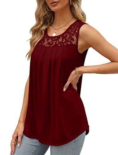 Image of Saloogoe Summer Tank Tops for Women Loose Fit Pleated Tunics Scoop Neck Sleeveless Lace Tops Curved Hem Flowy