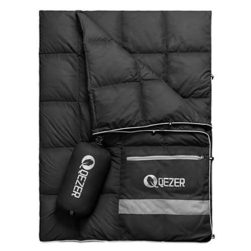 QEZER Down Camping Blanket Packable,600+Fill Power?Multi-Purpose Warm Camping Quilt for Outdoor Camping, Backpacking, and Hiking, 73x53 inches.?Black?