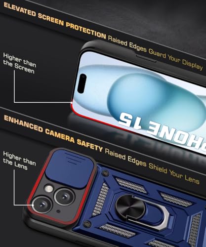 Image of WOW IMAGINE Tough Armor Bumper Mobile Back Case for iPhone 15 | Sliding Camera Shield Cover | Shock Proof 360 Protection | Hybrid PC + TPU | Ring Holder with Kickstand - Blue