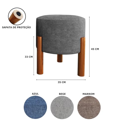 Puff Lucca Azul Pés Palito Decorativo Recepção Redondo em Linho Cru