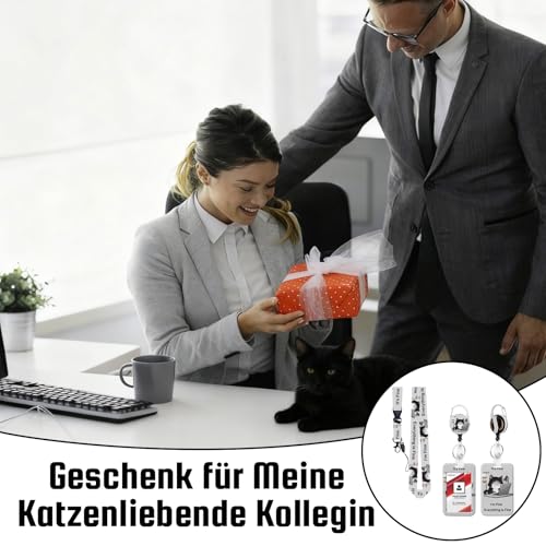 Lustige Ausweishülle mit Katzen Muster, Sliding Kartenhülle mit Band, Kartenhalter mit Einziehbaren Badge Reel Karabiner Clip & Abnehmbare Lanyard Strap, Katzenliebhaber Geschenke für Kollegin