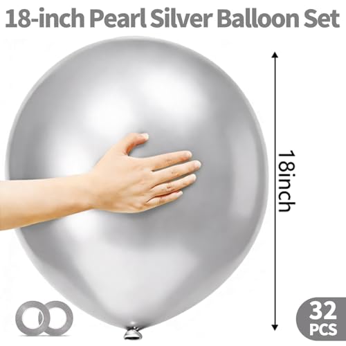 Image of 32Pcs Pearl Silver Big Balloons 18 Inch, Silver Round Large Latex Party Balloons for Birthday Wedding Decorations.