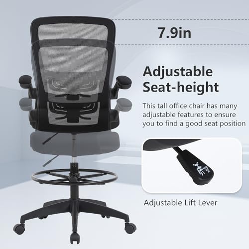 Image of BestOffice Drafting Chair Tall Office Chair Adjustable Height with Lumbar Support Flip Up Arms Footrest Mid Back Task Mesh Desk Chair Computer Chair Drafting Stool for Standing Desk (B-Black)
