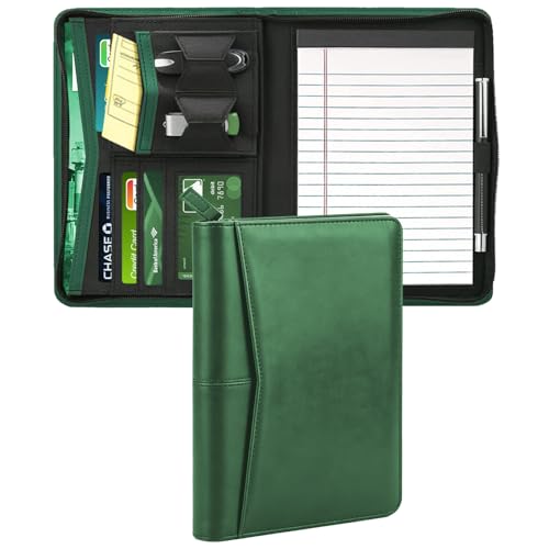 Euousu Junior Padfolio/Resume Portfolio Binder with Refillable Lined Notepad, A5 Padfolio Folder, Business Portfolio, Multi-Function Case, A5 Writing Pad Included, Dark Green