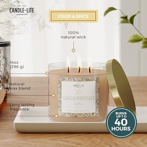  Lit Holiday Scented Candles | Gingerbread Latte | 14 oz 3-Wick Jar | Christmas Decor | 40hr Burn Time | Gift for Men & 