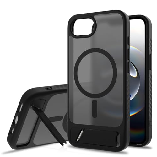 Bruzaio iPhone 16e/iPhone 17e ケース 45°隠れスタンド【強化フィルム2枚付き】Magsafe対応・米軍規格 いphone16e ケース 半透明 耐衝撃 指紋防止 滑り止め マグネット搭載 ワイヤレス充電 耐久性 全面保護 黄ばみなし あいほん16eスマホケース 6.1インチ用，ブラックの商品画像（Amazon）