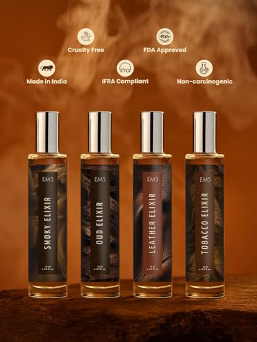 Image of EM5 Set of 4 Long-Lasting Perfumes for Men | Smoky, Oud, Leather & Tobacco Elixir | Premium Strong Manly Fragrances | Raw & Dominating Scents | Travel-Friendly Gift Set for Him | 15ml X 4 Pcs