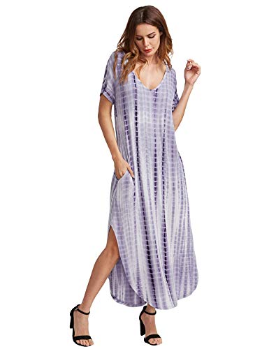 MakeMeChic Casual Maxi Short Sleeve Split Tie Dye Long Dress Purple Small