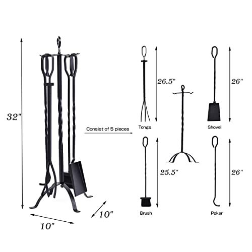 CALIDOLA 5 Pieces Fireplace Tools Set 31\",Heavy Duty Wrouhgt Iron Fire Place Toolset with Poker, Shovel, Tongs, Brush, Stand for Outdoor Indoor Chimney, Hearth, Stove,Black