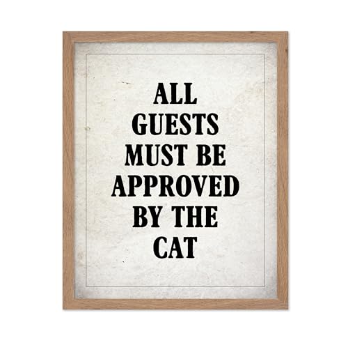 Poster Master Must Be Approved By The Cat Print - Typography Poster - Humorous Art - Funny Gift for Men, Women, Animal Lover - Minimal Decor for Bedroom, Living Room - 16x20 Beige Framed