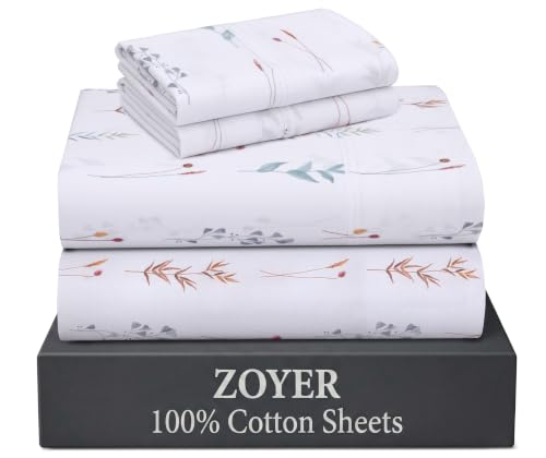 ZOYER 100% Cotton Percale Sheets Queen – Cooling Breathable Bed Sheets for Hot Sleepers, Crisp Hotel Style Bedding, Deep Pocket 16”, Lightweight Soft Durable 4 Pcs Sheet Set, Fairy Meadows