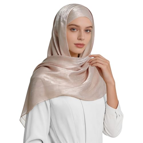 Piewag Premium Hijab Head Scarf for Women Lightweight Shimmer Hijab Head Wrap Scarves Crepe Satin Scarf Shawl Wrap Shiny Nude