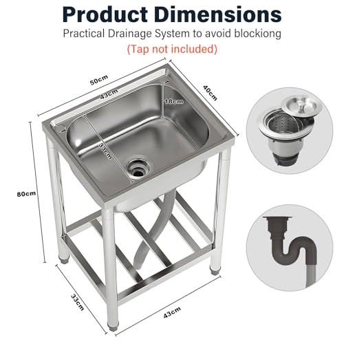 DKIEI Stainless Steel Restaurant Kitchen Sink, Commercial Restaurant Sink with Drain & Storage Shelf, Catering Sink with Tap Hole, Free Standing Outdoor Sink for Kitchen 50x40x80cm(No Tap) - Image 3