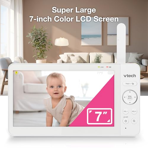 Image of VTech Baby Monitor No WiFi, 7 inch IPS Screen, 5000mAh 12Hr Battery, 360 Pan Tilt Zoom, Night Vision, Multi-Color Night Light, 2-Way Talk| Advanced Max Tan