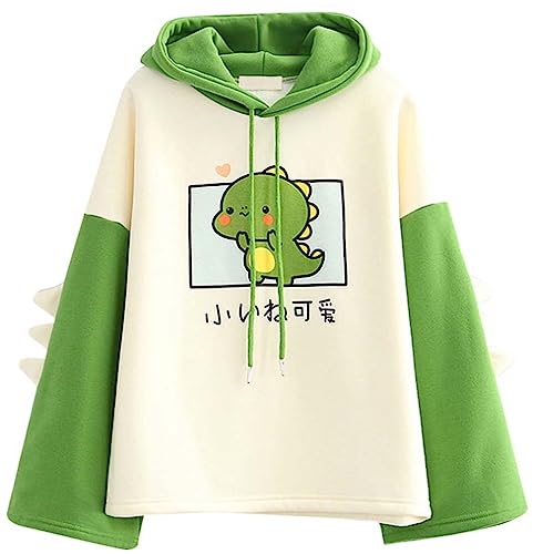 FANCYKIDS Dinosaur Bunny Rabbit Bear Cat Ears Hoodie For Girls Teens Teenagers Oversize Top Sweatshirt Jumper Shirt, Green, One Size