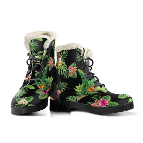 Tropical Hawaiian Print Faux Fur Leather Boots - Black Women's