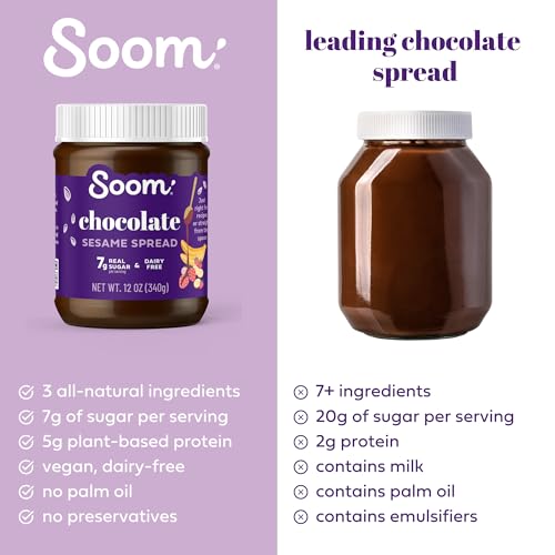 Soom Foods Chocolate Sesame Spread - 12oz (2 Pack) | Made with 3 Ingredients, Low Sugar, Dairy-Free, No Nuts, No Gluten, Palm Oil-Free | 5g Protein | Better for You Chocolate Tahini Spread