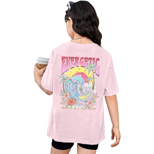 Image of Cute Letter Shirts for Girls Beach Graphic Tee Preppy Shirt Kids Summer Cotton Short Sleeve T Shirt Vacation Tops