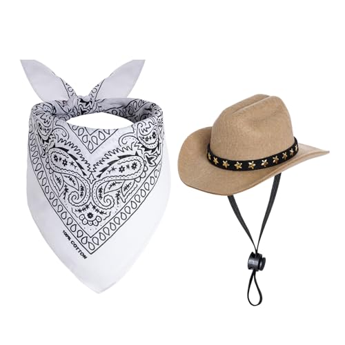 choyaxo Halloween Costumes for Dogs Cat Pet Cowboy Costume Cowboy Hat with Bandana Set for Halloween, Christmas, Holiday, Party, Cosplay (Khaki, Small)
