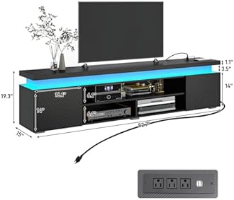 LED TV Stand for 95 Inch TV, Modern TV Stand with Power Outlet, TV Console Entertainment Center with Storage and LED Lights for Living Room, Bedroom (83 Inch, Black Carbon Fiber)