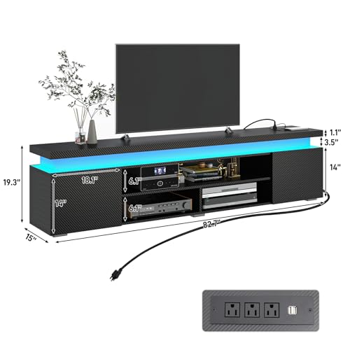 LED TV Stand for 95 Inch TV, Modern TV Stand with Power Outlet, TV Console Entertainment Center with Storage and LED Lights for Living Room, Bedroom (83 Inch, Black Carbon Fiber)