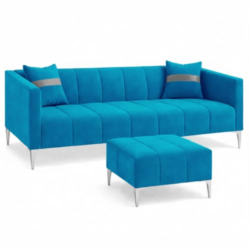 Image of Solomon 4 Seater L Shape Sofa Set with Movable Ottoman | Flexible Left or Right Layout | Luxe Velvet Suede Fabric | Comfortable Seating | Modern Sofa for Living Room - Aqua Blue