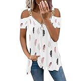 Damen Casual Kurzarm V-Ausschnitt Reißverschluss Tie Dye Muster T-Shirt Top Sexy Schulterfrei Tunika Bluse Ohrringe Verschiedene Größen