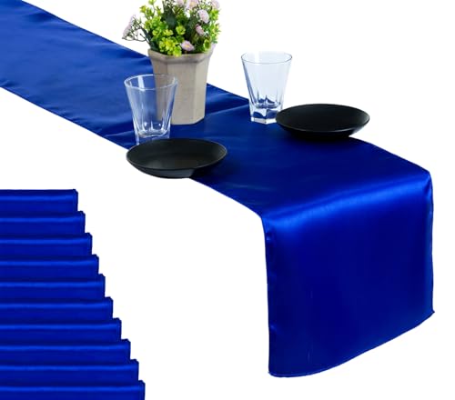MDS Pack of 10 Satin Table Runners 12 x 108 Inch Long Wedding Sateen Bright Silk Smooth Table Runner for Wedding Reception Birthday Graduation Party Event Banquet Dinner Decoration - Royal Blue