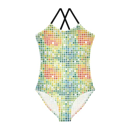 senya Girls Swimsuits One-Piece Swimwear Tie Bathing Suit Beach Summer Round Neck 7-8T Multicolored Square Grid Pattern