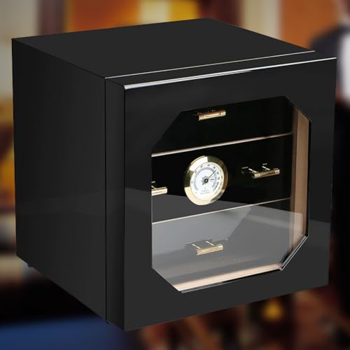 PP-Vic Humidor z drewna cedrowego, nowoczesny humidor cygar, humidor z higrometr i zdejmowana 3-warstwowa taca cedrową, zawiera około 50 cygar, czarne