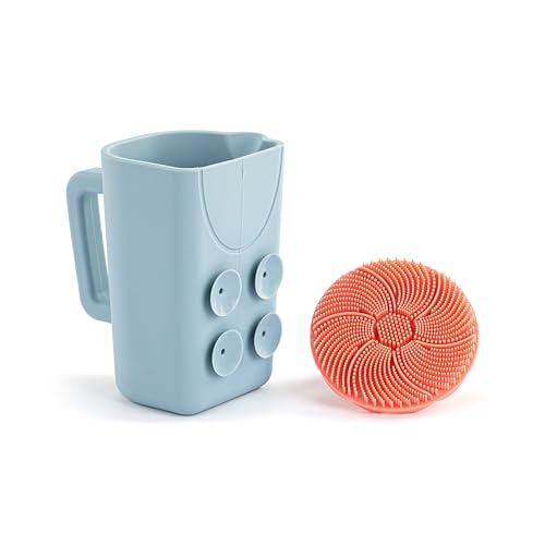 Image of DEMDACO Love to Play Collection Baby Bath Rinse Cup and Silicone Scalp Scrubber Set - Gentle Hair Washing Aid for Infants & Toddlers Soft Silicone Kids' Brush & Ergonomic Rinse Pitcher, Pink