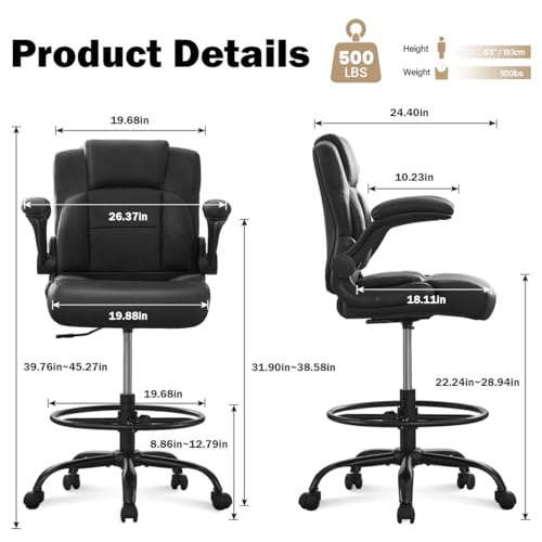 Image of Ergonomic Drafting Chair,Tall Office Chair for Standing Desk with Flip-Up Armrests,Adjustable Foot Ring & Height, High Leather Executive Office Chair for Home,Drawing or Counter Height Use