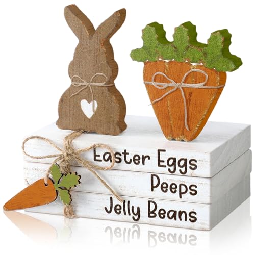 Ferraycle 4 Pcs Easter Table Decor Wooden Sign Happy Easter Farmhouse Wooden Block Decorative Book Tiered Tray Easter Decor Rustic Spring Decoration for Fireplace Living RoomBunny Carrot Style