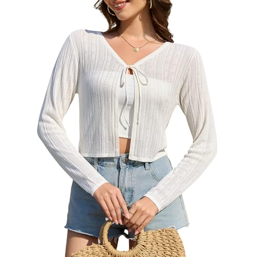 Women's Shrug Cardigan Sweaters Tie Front Cropped Cardigan Striped Knit Long Sleeve Open Front Crop Tops
