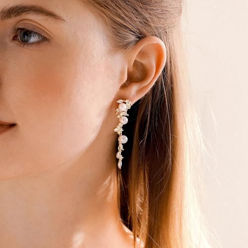 Dangle Earrings for Women, 14k Gold Plated Pearl Drop Earring With Diamond Dainty Gold Earrings for Women Trendy Cute Prom Bridal Earring Long Wedding Earring Formal Jewelry3