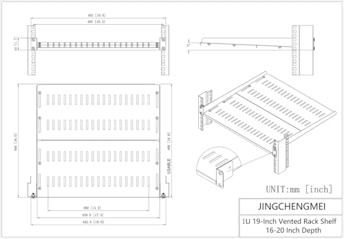 JINGCHENGMEI 1U Server Rack Shelf, Universal Vented Rack Mount Cantilever Tray Deep Adjustable 16-20 inches for 19 Inch Networking Equipments Rack Enclosure, Black (1U16In)
