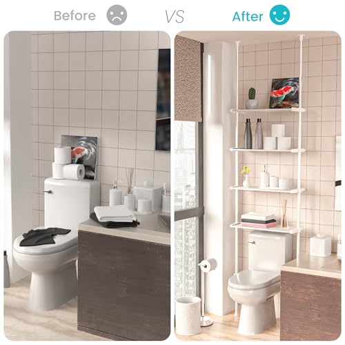 Image of Home Zone Living Over-the-Toilet Organizer Bathroom Storage Organizer | Tension-Mounted Design with Adjustable 4-Tier Shelves, for Ceilings 91 inch to 114 inch High, White