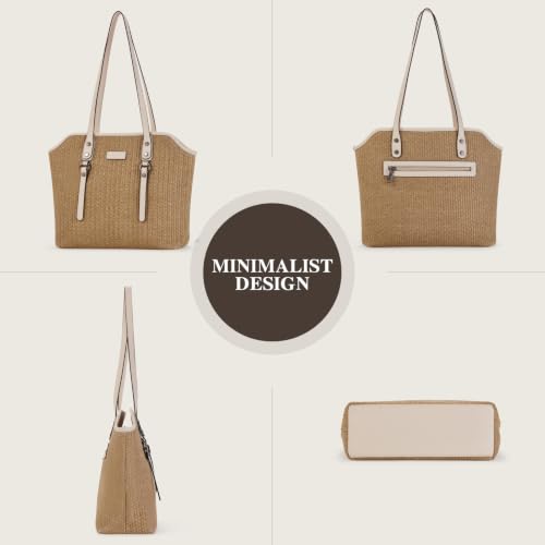 Image of Tote Bag for Women,Large Capacity Straw&Vegan Leather Tote Purses for Women,Shoulder Bags For Daily Travel Work Beach