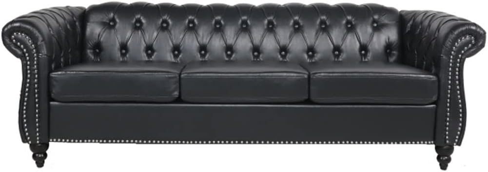 Living Room Solid Wood Frame Sofa Premium PU Roll Arm Three-Seat Comfortable Soft 84"